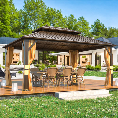  16 Ft. W x 12 Ft. D Aluminum Patio Gazebo, Hardtop Gazebo Curtain and Netting for Patio, Lawn and Garden, Brown