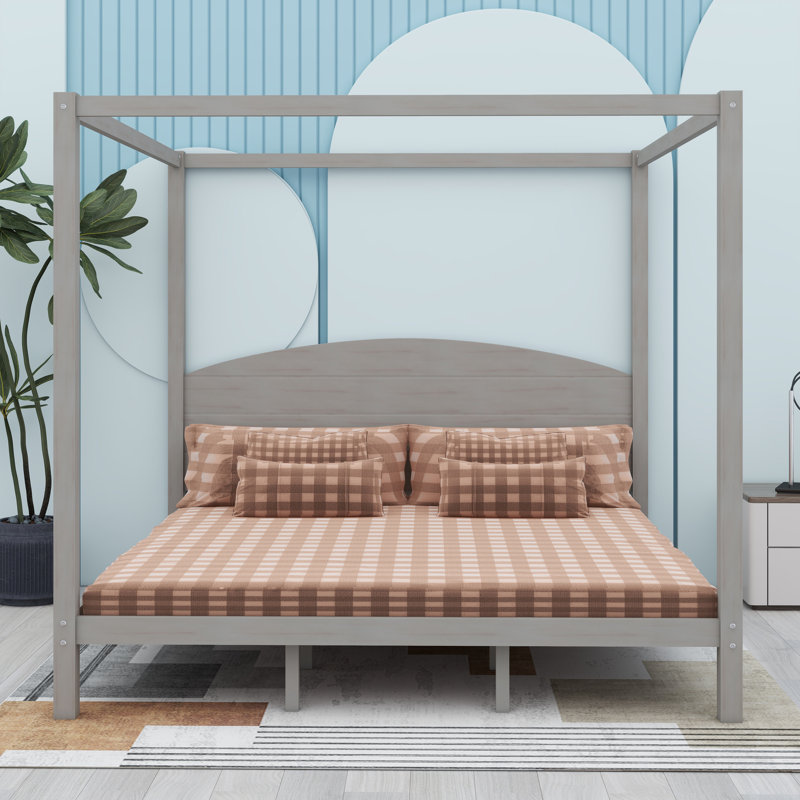 Lit plateforme à baldaquin en bois avec tête de lit et pieds de support, Gris