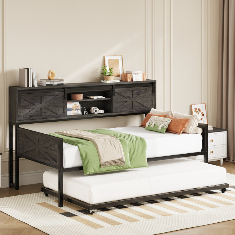 Daybed With Trundle, Rustic Bed Twin With Storage And Charging Station For Living Room, Bedroom And Guest Room, Gray