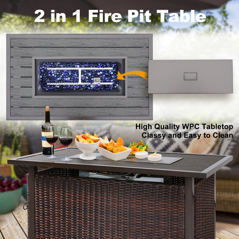 6 Pieces Outdoor Wicker Patio Conversation Set with 48” Fire Pit Table, Reclining Chairs, Ottomans & Furniture Cover, Blue