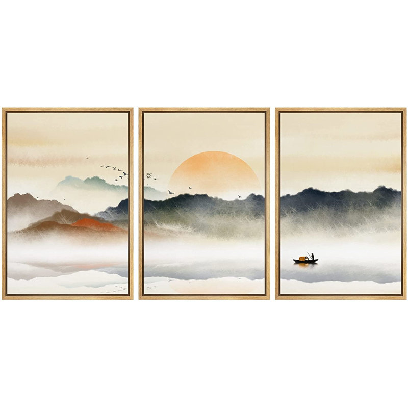 Pastel Rising Sun Misty Ocean Landscape Framed Canvas Set
