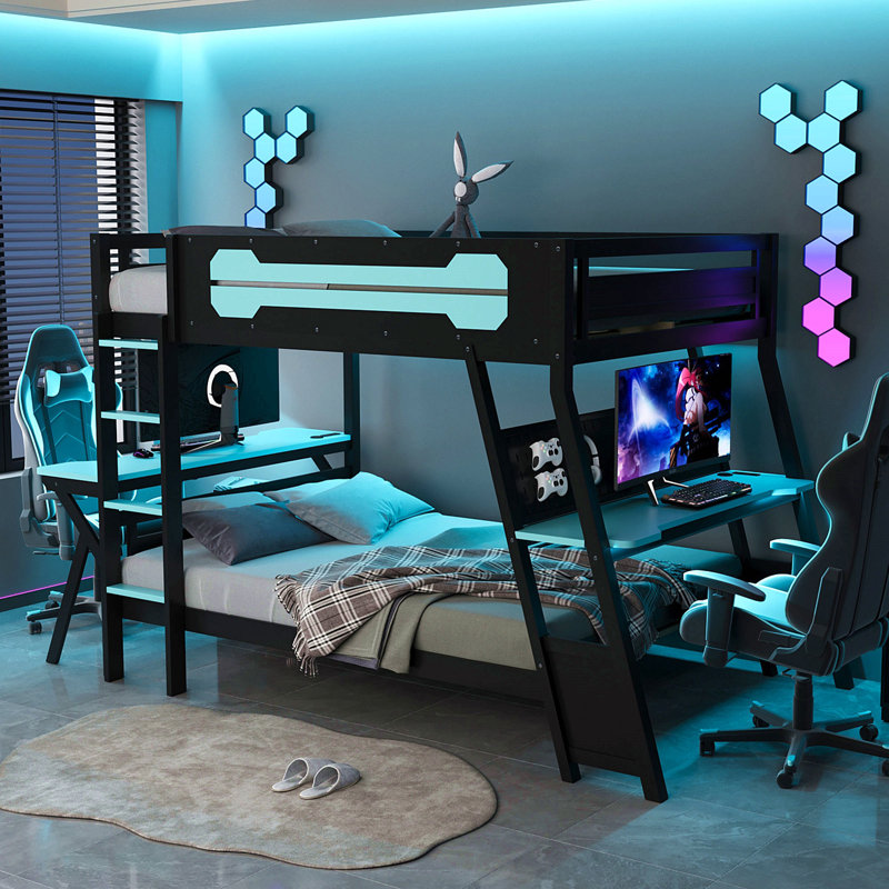 Lit superposé double avec deux bureaux de jeu intégrés, ports de bureau USB et organisateur de panneau perforé, cadre de lit de jeu pour joueur