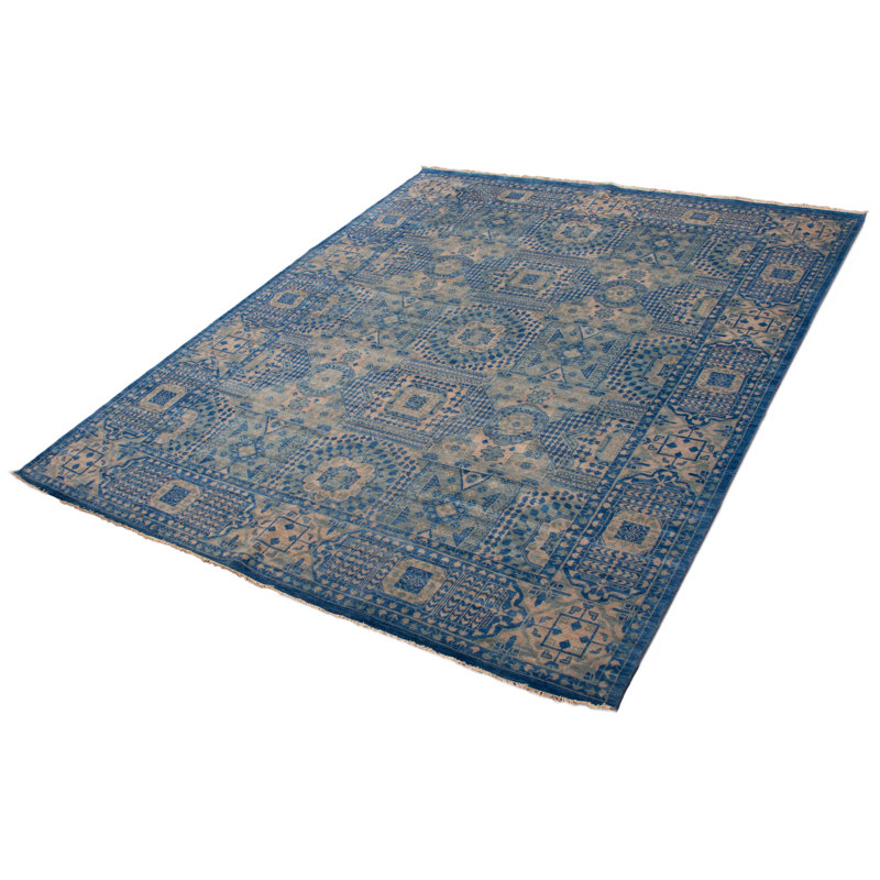Tapis mamelouk bleu noué à la main de conception unique 12 pi 0 po x 14 pi 10 po