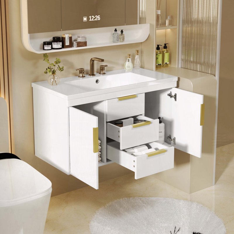 Meuble-lavabo mural 36 po avec 2 tiroirs et lavabo en résine, Blanc