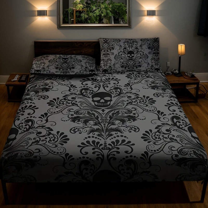 Ensemble de draps-housse en forme de crâne damassé Orylavena, Lit double