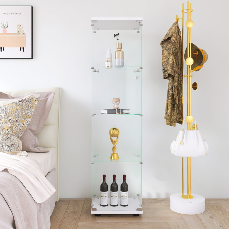 Versatile Glass Display Cabinet With Four Shelves And Door For Home And Office Use, White