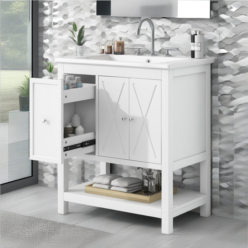 Meuble-lavabo sur pied simple 30 po avec comptoir en céramique
