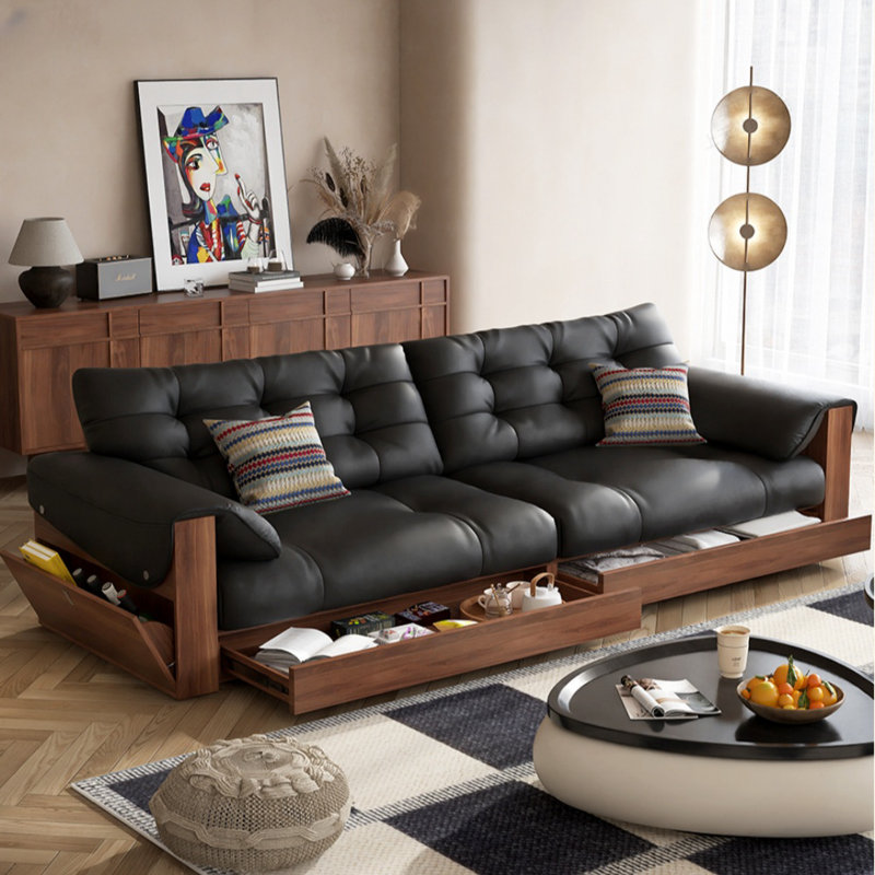 Modern Minimalist Black Leather Sofa