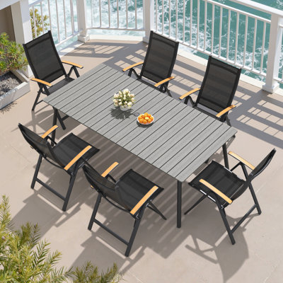  6-Person Outdoor Dining Set with Aluminum Frame and Folded Reclining Armchairs
