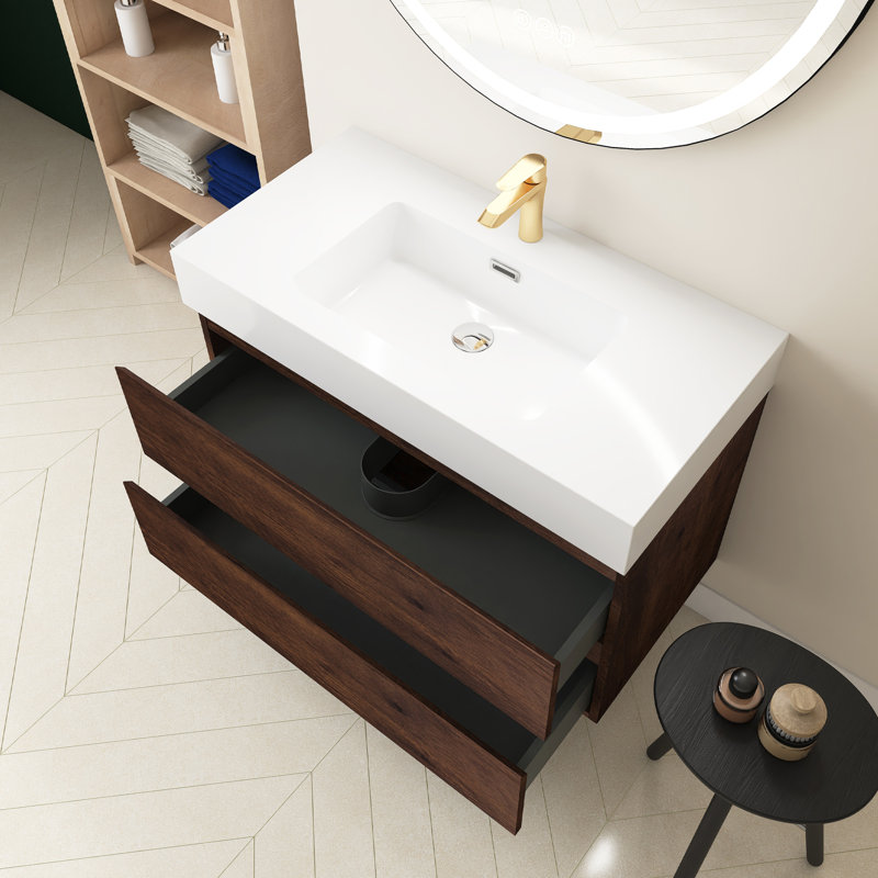 Meuble-lavabo simple 36 po avec plateau Semyah, Noyer, Blanc