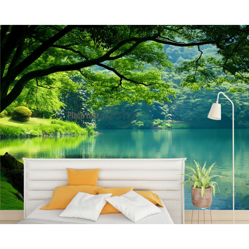 Papier peint Tranquil Forest Lake - Nature Scenic pour décor de chambre à coucher ou de salon, L 165 po x l 120 po