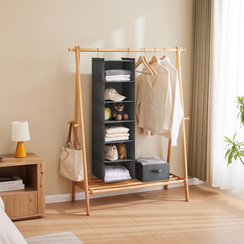 Organisateur de garde-robe à 6 niveaux - Gris - Tablette pliable avec 2 crochets robustes pour le rangement des vêtements et des accessoires