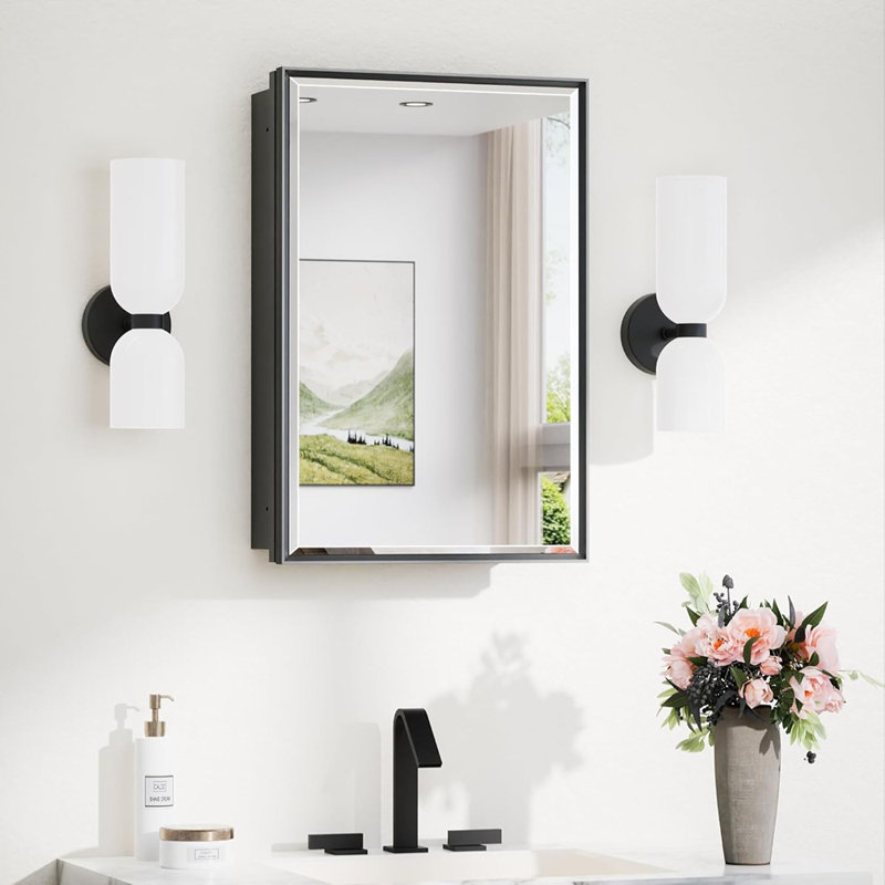 Armoire à pharmacie avec miroir encastré 20 po x 26 po, cadre en aluminium noir avec miroir biseauté, rangement mural pour salle de bain