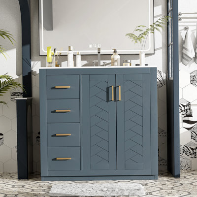 Ensemble de meuble-lavabo 36 po avec lavabo en céramique, armoire de rangement en bois massif, ensemble autoportant avec 3 tiroirs et portes à fermeture douce