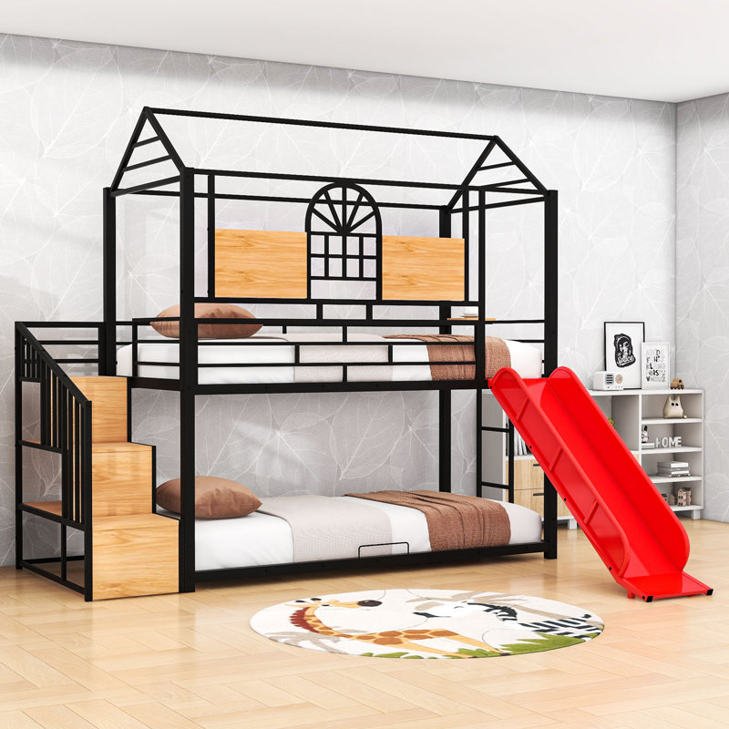 Twin Over Twin Playhouse Bunk Bed With Slide And Storage Shelves, Black Red