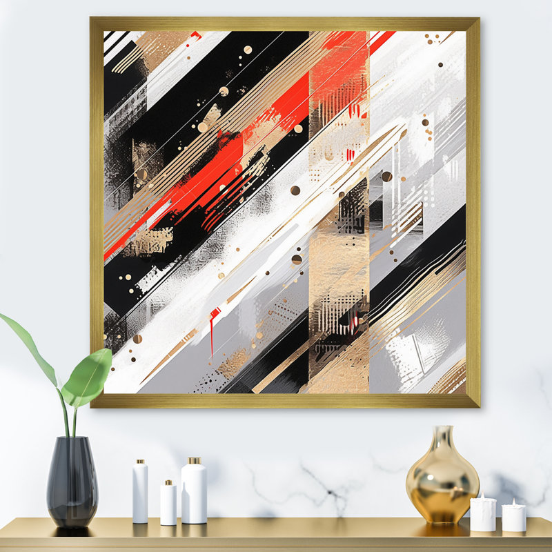 «Red and Gold Cubic Abstract II», reproduction sur toile, H 30 po x l 30 po x P 1 po, Encadrement doré