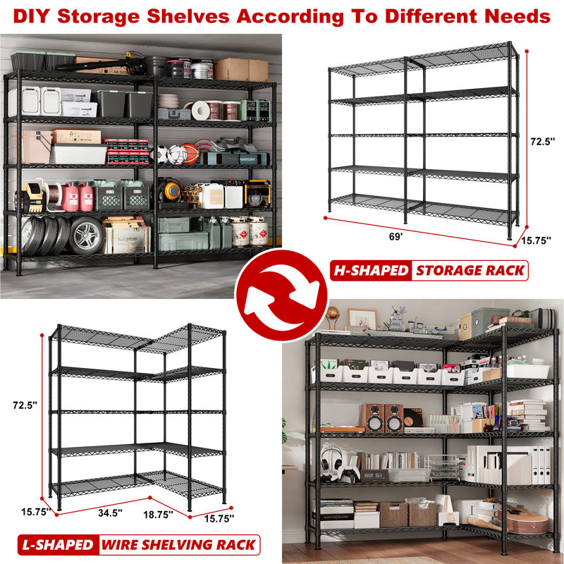 Marlia Steel Height -Adjustable Storage Rack Heavy Duty Shelving Unit, 72.4" H x 69" W x 15.75" D, Black