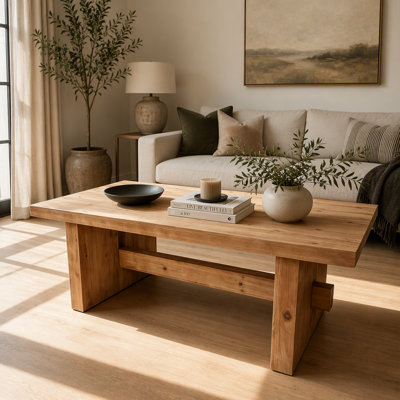 Solid Fir Wood Coffee Table with Natural Wood Grain and Wabi-Sabi Style