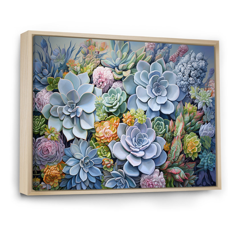 «Blue Succulent Dessert Charm» sur toile, Cadre naturel flottant, H 24 po x l 32 po