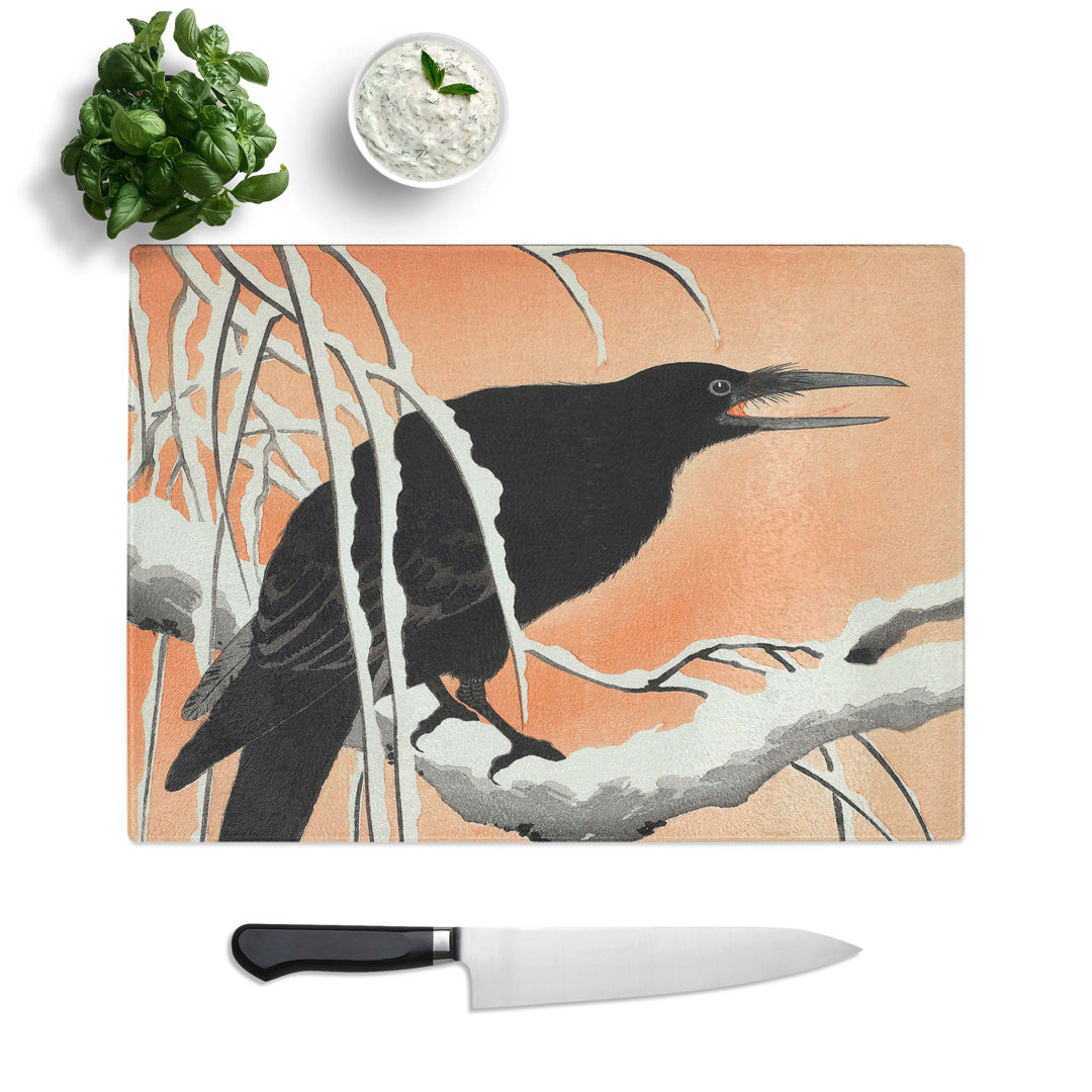 Tempered Glass Crow on a Snowy Branch Chopping Board