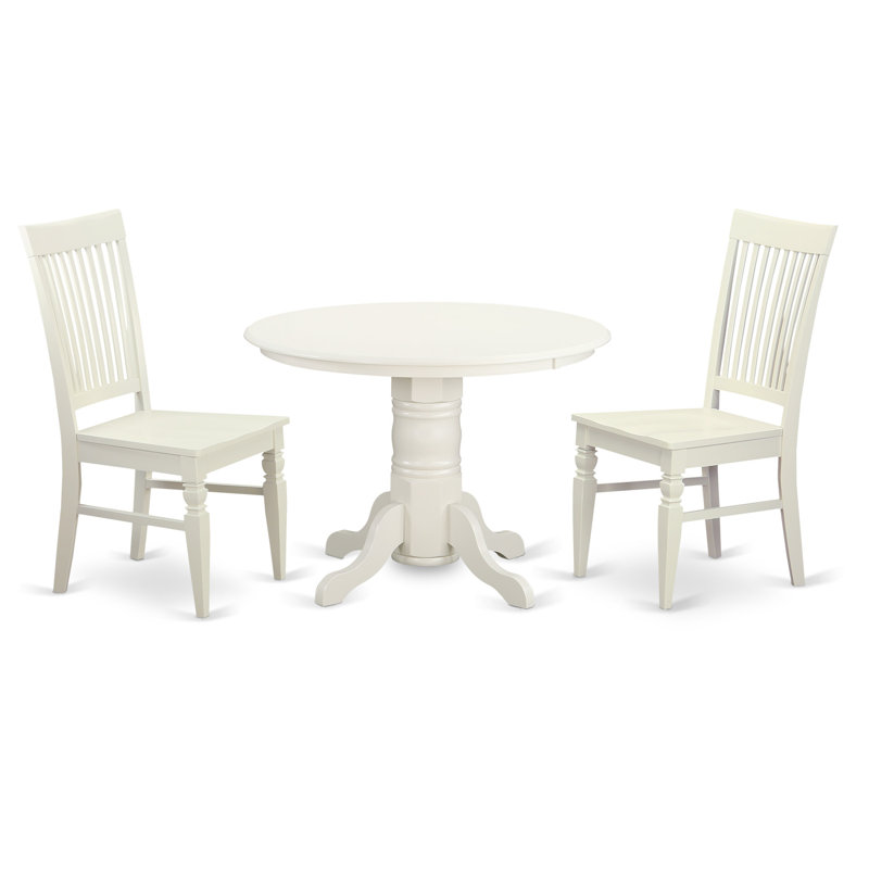 Ensemble de table de salle à manger 3 pièces comprenant une table de cuisine ronde avec piédestal et 2 chaises de salle à manger, lin blanc