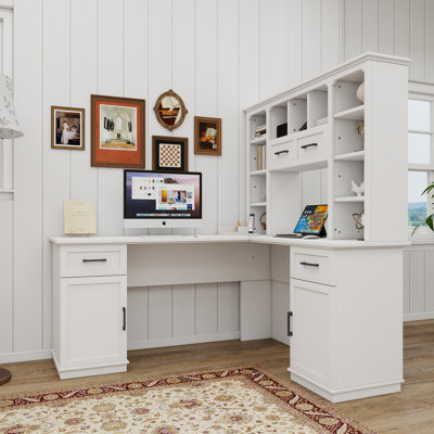 Bureau d'ordinateur moderne en L blanc pour bureau à domicile, bureau en bois avec tiroir et bibliothèque
