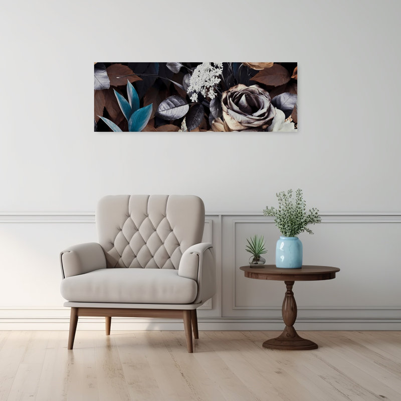 «Elegant Rose and Foliage Abstract Flower Landscape», art mural, H 12 po x l 36 po