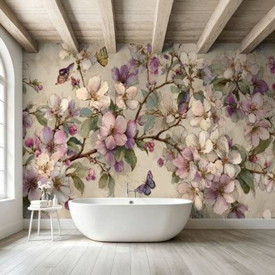 Peel and Stick Wallpaper Wall Mural Pastel Wildflower Branches Botanical Home Decor Wall Art Self Adhesive and Removable