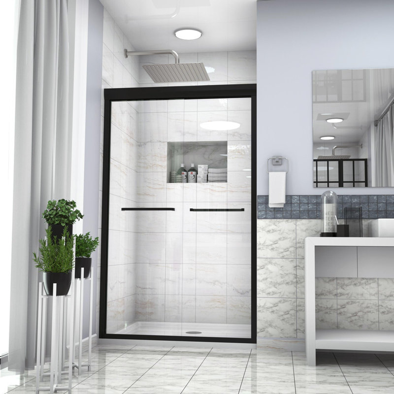 48"Wx 76"H Semi-Frameless Double Sliding Shower Door, Matte Black