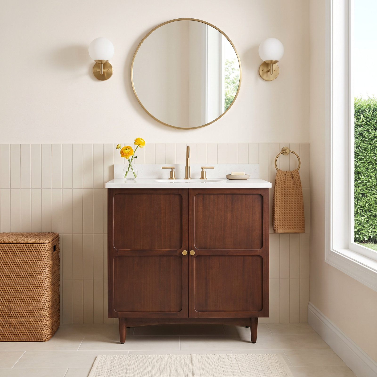 Delavan 30" Mahogany Single Bathroom Vanity, Feathered White Quartz, 8" Widespread, Oval 