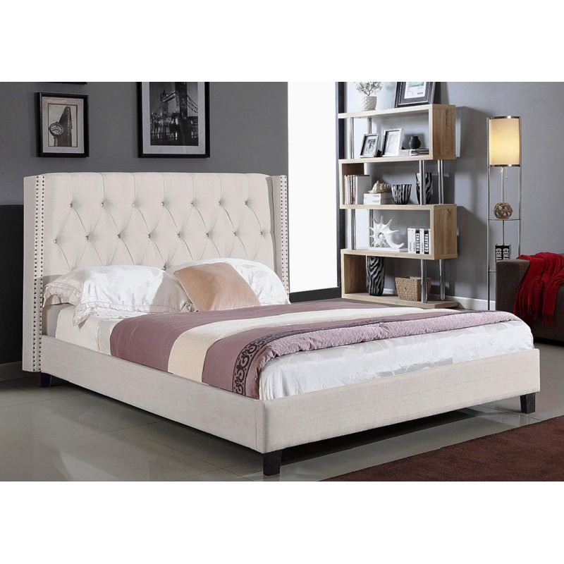 Lelen Upholstered Wingback Bed, King, Ivory/Chrome