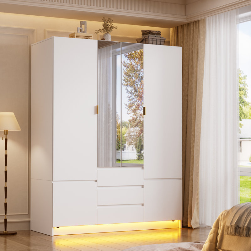  Armoire penderie 4 portes avec éclairage à DEL et miroir, armoire de chambre à coucher grande capacité avec armoire et tiroirs