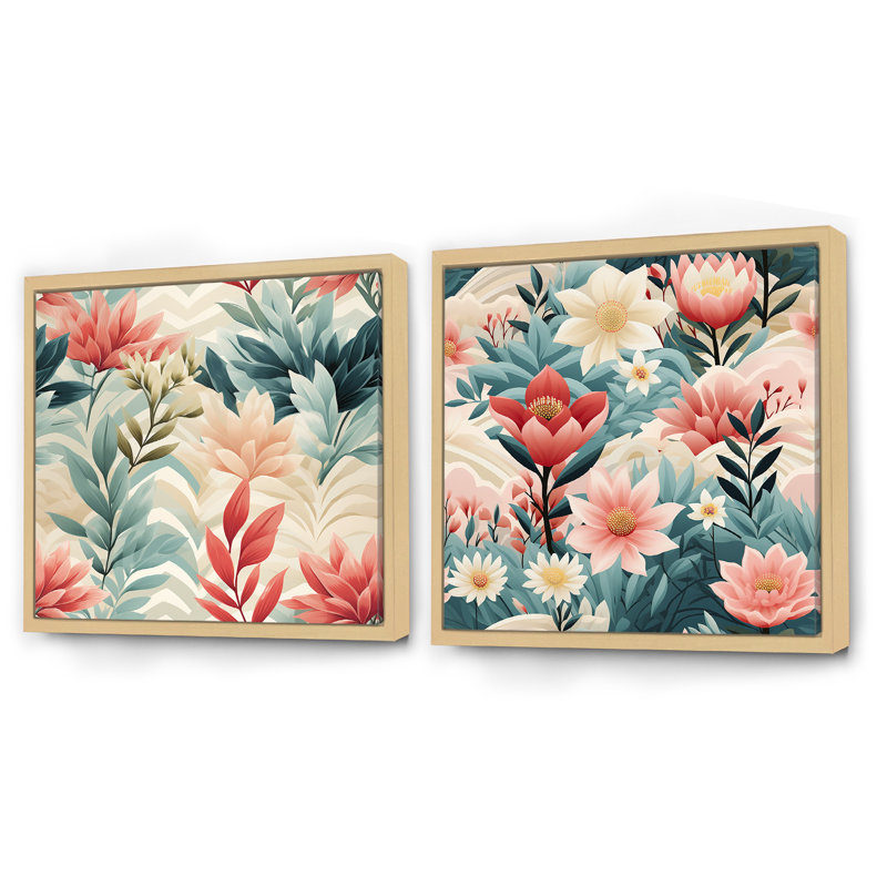 Champetre - Ensemble de 2 collages carrés botaniques abstraits, Cadre flottant brun, H 30 po x l 61 po