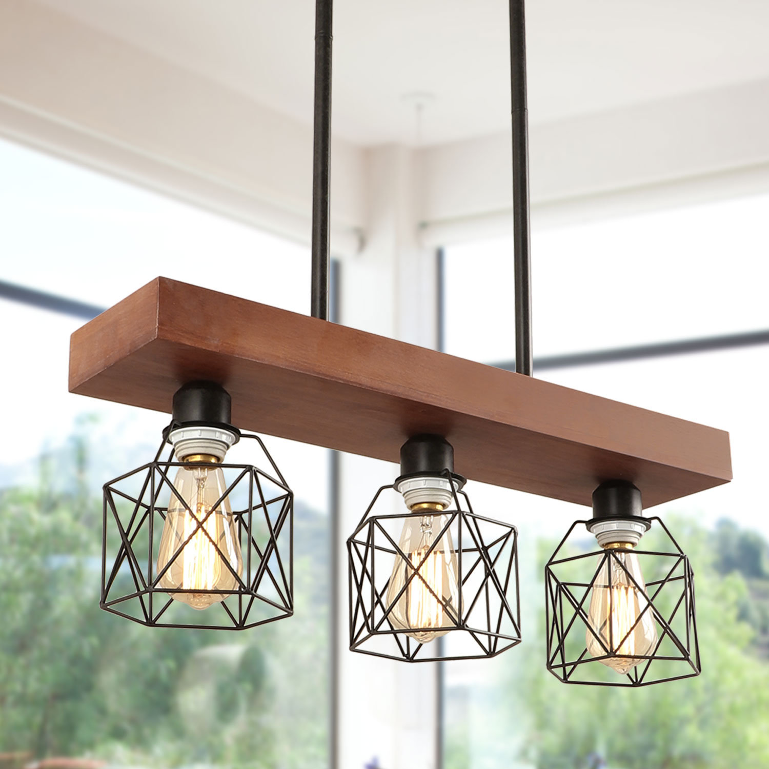 17 Stories Lustre linéaire en bois rustique à 3 lumières pour îlot de ...