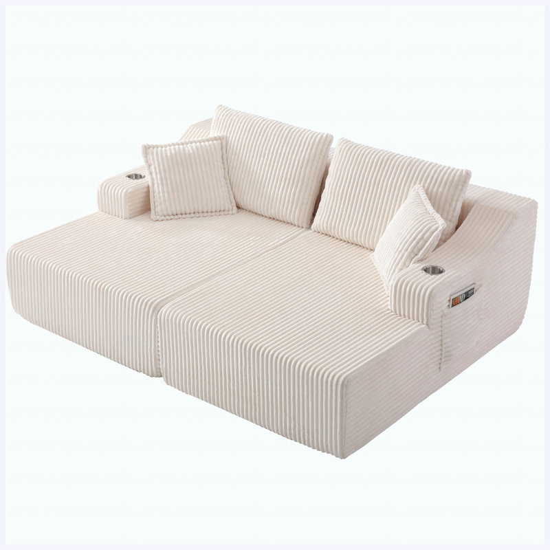 Canapé-lit convertible | Canapé-lit surdimensionné de 83 po avec méridienne profonde et 6 coussins, White Fabric