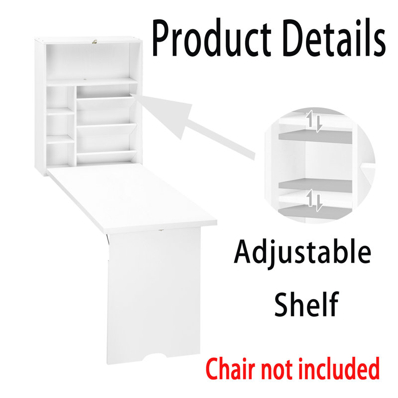 Bureau convertible mural pliable, bureau flottant avec tablette de rangement