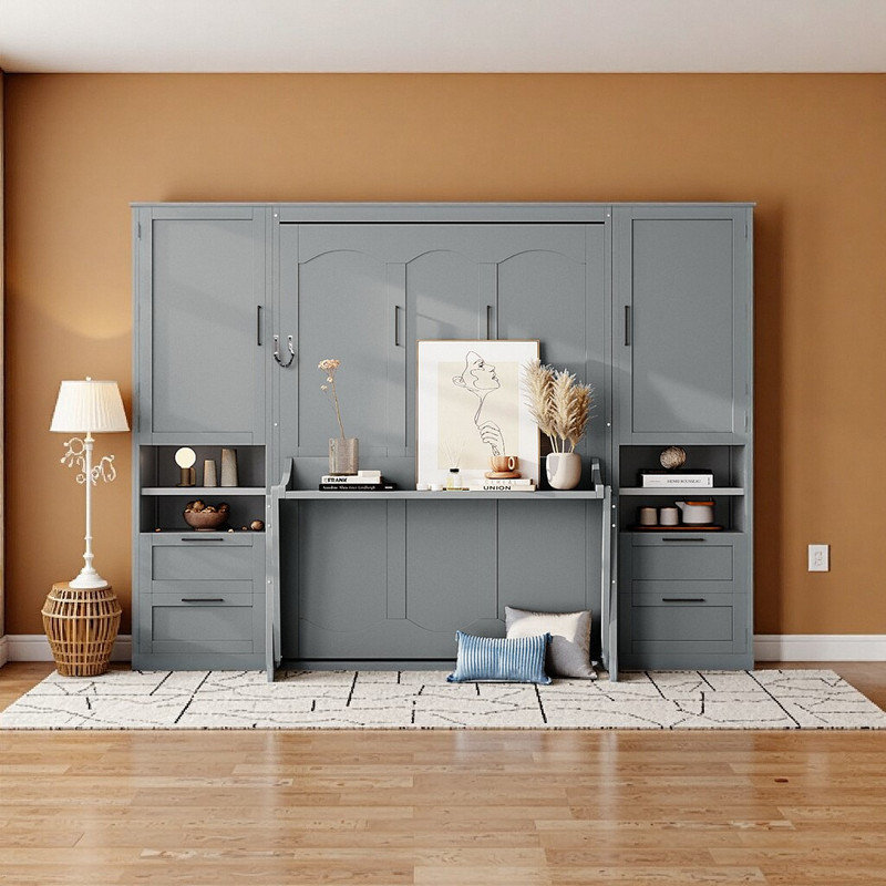 Lit escamotable double avec rangement / lit mural personnalisable avec placard, tiroirs et tablettes, Gris
