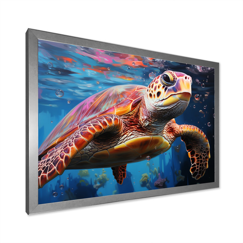 Tortue de mer pastel sur toile, H 24 po x l 32 po x P 1 po, Cadre simple argenté