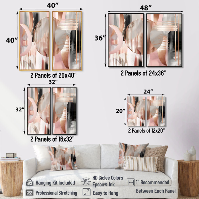 Rayures et lignes roses, art moderne IV - formes modernes abstraites, art mural grand transitionnel, 2 pièces, Black