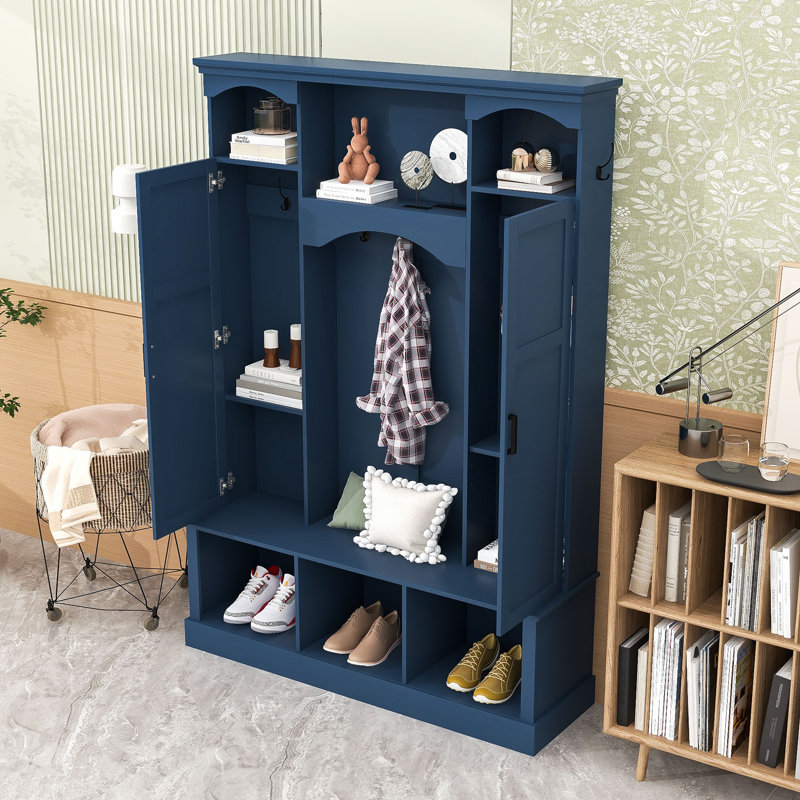 Hall Tree with Adjustable Shelves, Storage Bench and 7 Hooks, Blue