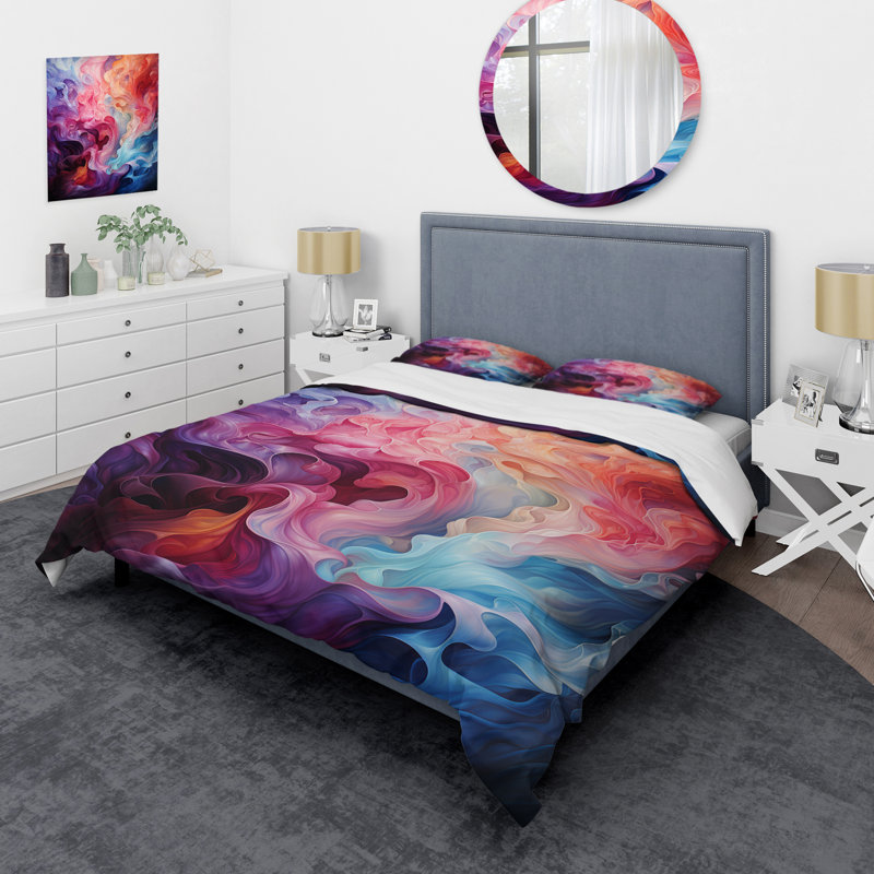Ensemble de housse de couette en microfibre bleu / noir / rose, Housse de couette pour grand lit et 2 taies décor