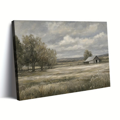 Print Canvas Wall Art, Vintage Muted Tone Country Farm Barn Field Tree Overcast Sky Rustic Living Room Wall Decor