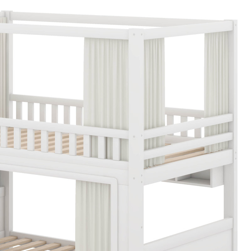 Lit superposé double au-dessus de double avec rideaux d'intimité, lumières DEL sous le lit, escalier de rangement