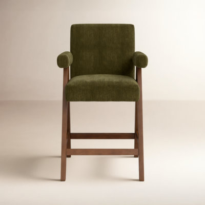 Brittnie 25.5" Full Back Walnut Wood Upholstered Counter Stool With Arms