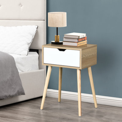 Table d'appoint de style Mid-Century moderne avec 1 tiroir et pieds en bois d'hévéa, armoire de rangement de couleur unie blanche pour la chambre à coucher et le salon, mobilier à l'apparence tendance et facile à assembler
