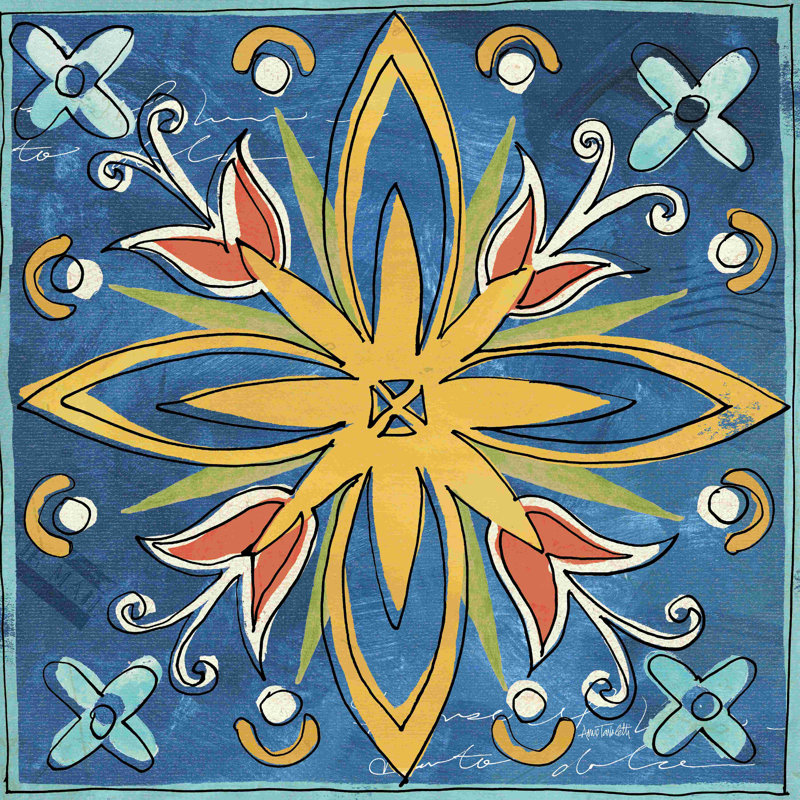 «Tuscan Sun Tiles I Talavera» par Anne Tavoletti, peinture sur toile tendue, Bleu / Jaune, H 30 po x l 30 po