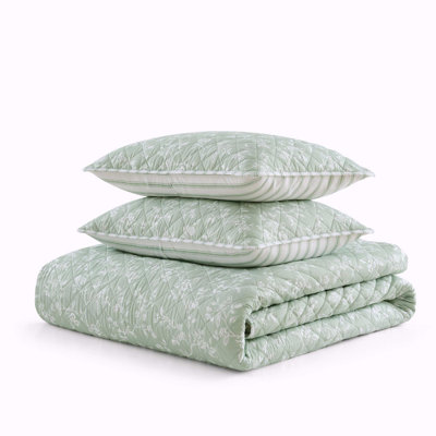 Martha Stewart French Bird Floral Cotton Green Quilt Set