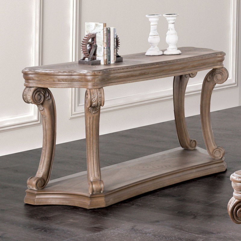 Table de canapé en bois avec tablette inférieure ouverte en chêne vieilli