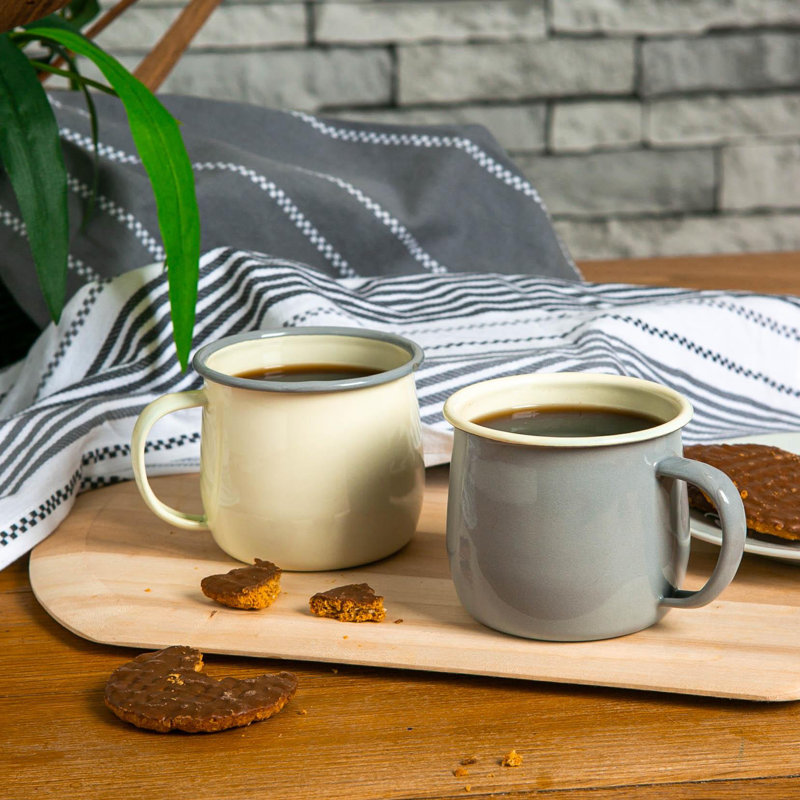 Argon Tableware - Coloured Enamel Belly Mugs - 375ml - Grey/Cream, Grey/Cream