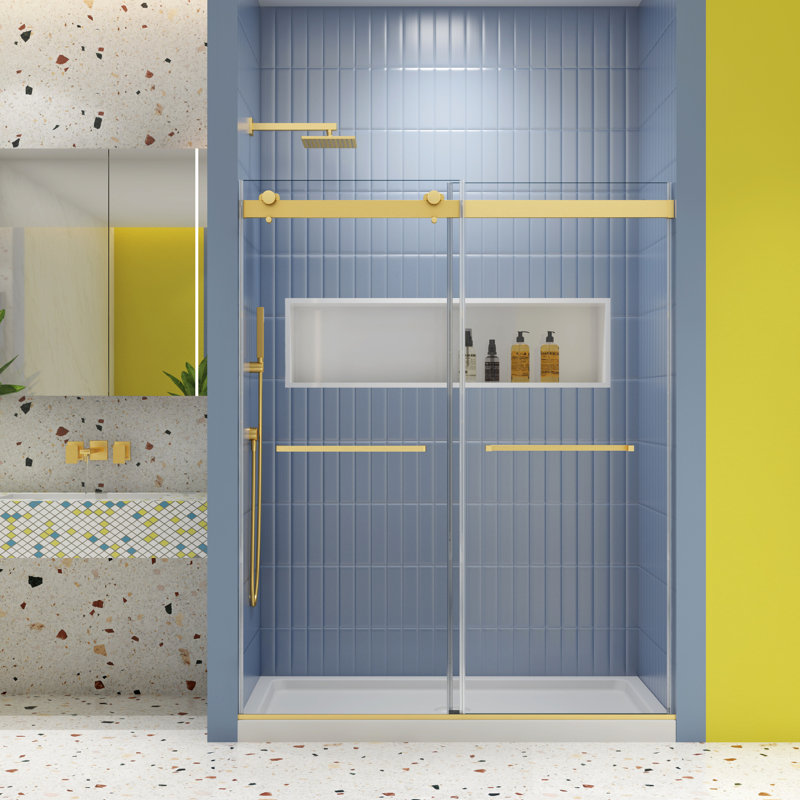 Porte coulissante de salle de bain - Douche de dérivation, 48 x 74, verre trempé de 5/16 po, fermeture douce, or brossé avec attrait de douche attrayant